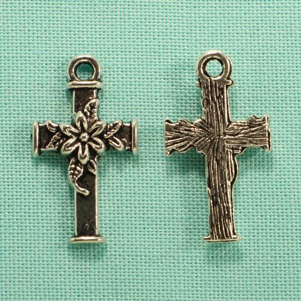 Cross with Flower 20mm Antique Silver Tone 2D Religious Charms - 0108