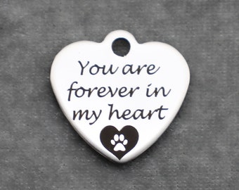 You are forever in my heart 20mm Polished Silver Tone Stainless Steel Laser Engraved Charms with a Paw Print inside a Heart - SL0805