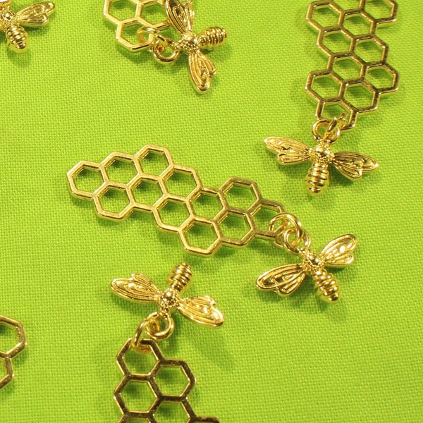 Bee and Honeycomb 46mm Gold Plated Die Cut Double Sided Insect Charms - 1257