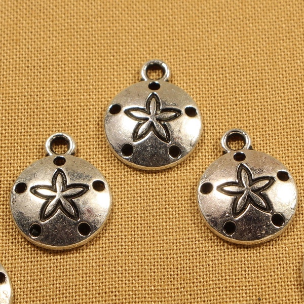 Sand Dollar 15mm Antique Silver Tone Single Sided Ocean Beach Charms - 0137