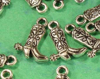Cowboy Boot With Spur 16mm Antique Silver Tone Double Sided Western Charms - 0633