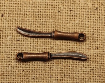 Knife 25mm Antique Copper Tone Double Sided 3D Kitchen Utensil Charms - 1413