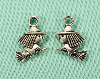 Witch on a Broom 15mm Antique Silver Tone Double Sided Fantasy Fairy Tale Charms - 0448