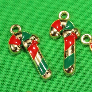 Candy Cane 21mm Gold Plated with Red and Green Enamel Single Sided Holiday Charms - 1130