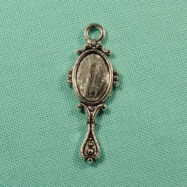 Hand Mirror 28mm Antique Silver Tone Double Sided Beauty Charms - 0192
