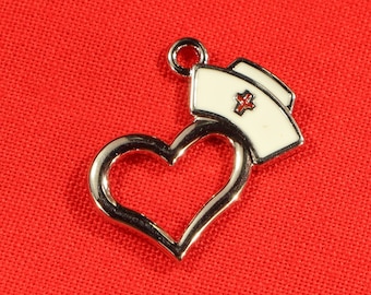 Nurse Hat on a Heart 20mm Silver Tone with Red and White Enamel Single Sided Medical Charms - 1253