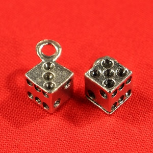 Dice 14mm Antique Silver Tone 3D Gambling Game Charms - 1283