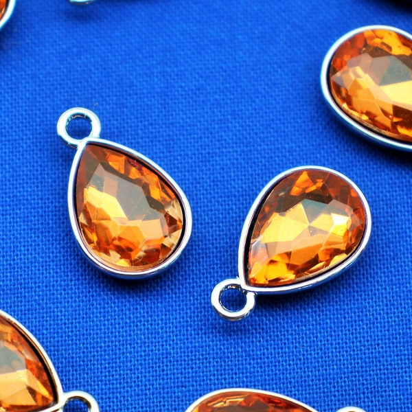 Orange Glass Rhinestone 20mm Teardrop Shape Drop Gem Silver Tone Faceted Birthstone Charms - 1560