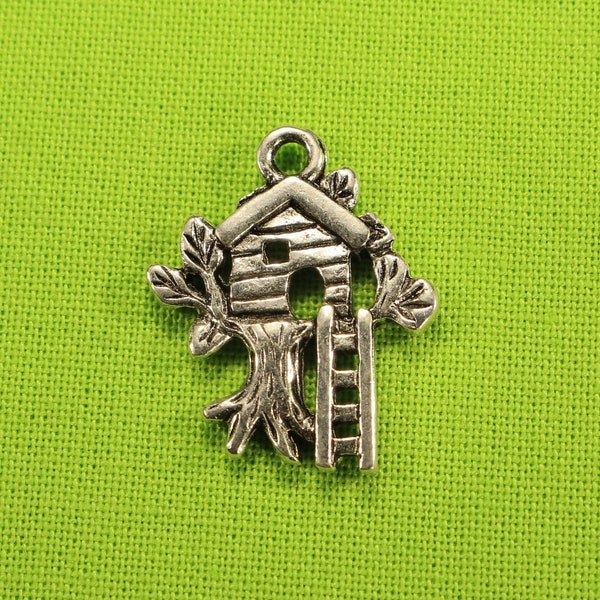 Tree House 21mm Antique Silver Tone Double Sided Outdoor Charms - 1155