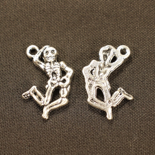 Skeleton 21mm Antique Silver Tone Single Sided Halloween Holiday Charms - 0494