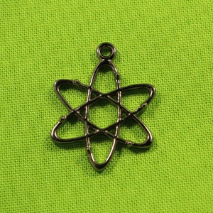 May include: A silver atom charm pendant, a stylised representation of an atom with a central nucleus and orbiting electrons.