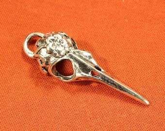 Bird Skull with Flower 41mm Antique Silver Tone Gothic Floral 3D Bird Charms - 0497