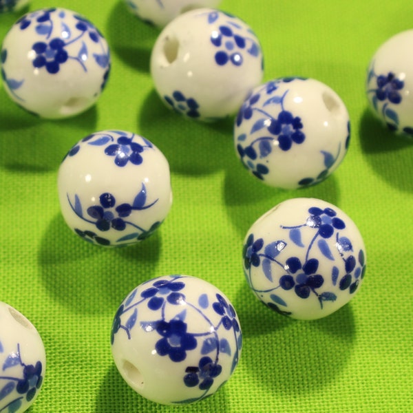 12mm Blue Floral Design Glossy Coated White Ceramic Jewelry Making Loose Craft Beads - 1087