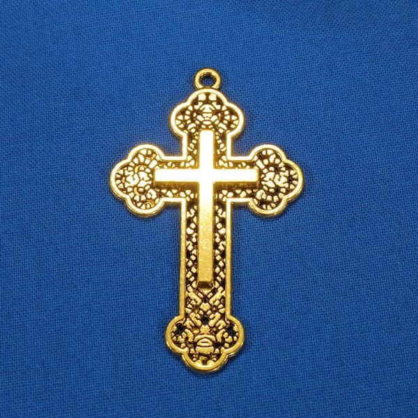 Cross 54mm Antique Gold Tone Single Sided Ornate 2D Religious Charm Pendant - 0845