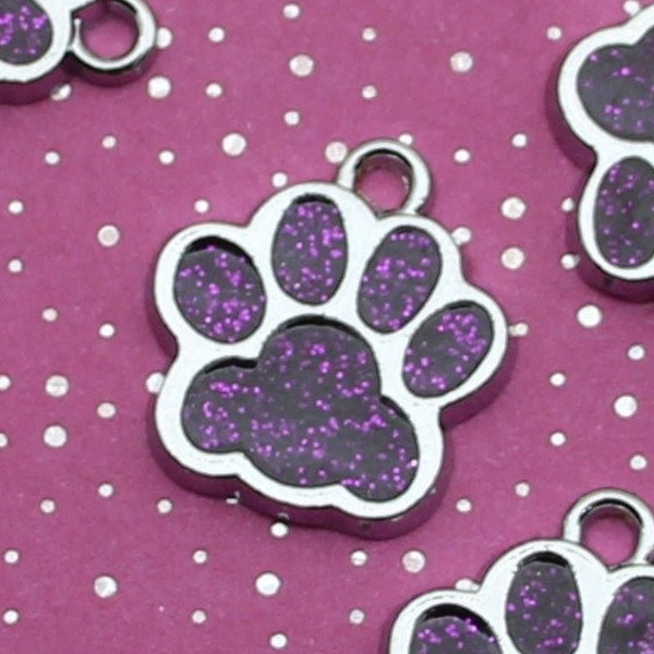 Paw Print 18mm Purple Glitter Enamel and Silver Tone Single Sided Customizable Animal Charms - 1635
