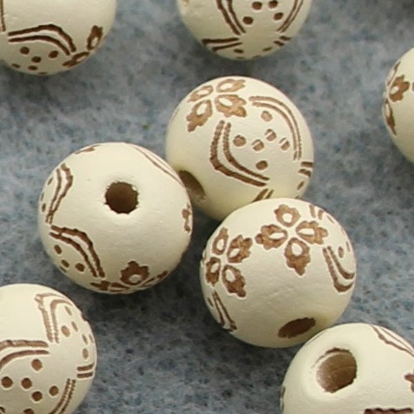 10mm Floral Print Design Cream Colored Wooden Jewelry Making Loose Craft Beads - 1634