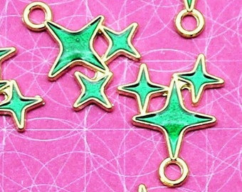 Star 18mm Gold Plated with Green Enamel Single Sided Celestial Charms - 0385
