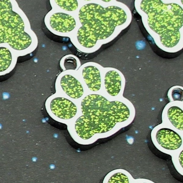 Paw Print 18mm Green Glitter Enamel and Silver Tone Single Sided Customizable Animal Charms - 1658