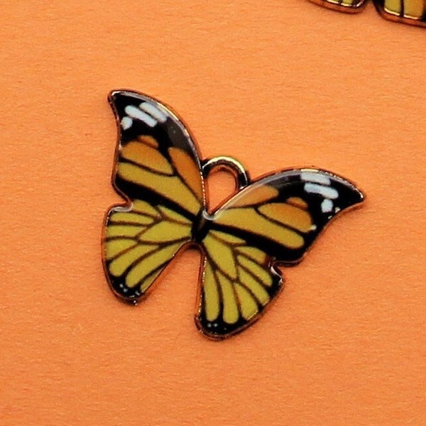 Monarch Butterfly 21mm Orange, White, Black and Yellow Enamel With a Gold Plated Finish Single Sided Insect Garden Charms - 1641