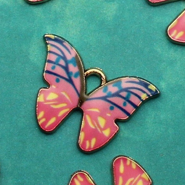 Butterfly 21mm Pink, Blue and Yellow Enamel With a Gold Plated Finish Single Sided Insect Garden Charms - 1751