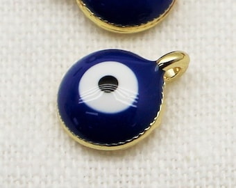 Evil Eye 10mm Gold Plated with Blue White and Black Enamel Single Sided Charms - 1461