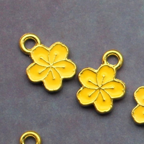 Hibiscus Flower 12mm Gold Plated with Yellow Enamel Single Sided Tiny Floral Accent Charms - 1743