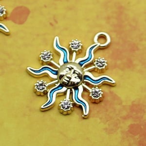 Sun 23mm Gold Plated with Blue Enamel and Clear Rhinestone Single Sided 2D Summer Celestial Charms - 1629