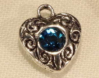 Ocean Blue Rhinestone 12mm Heart with Etched Scroll Design Antique Silver Tone and Colored Glass Single Sided Love Charms - 1018