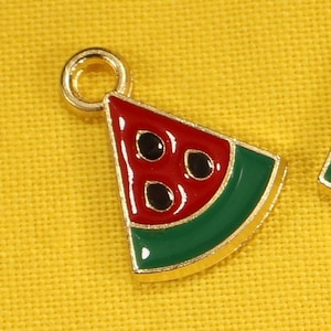 Watermelon 16mm Red, Green and Black Enamel Gold Tone Single Sided Summer Food Fruit Charms - 1034