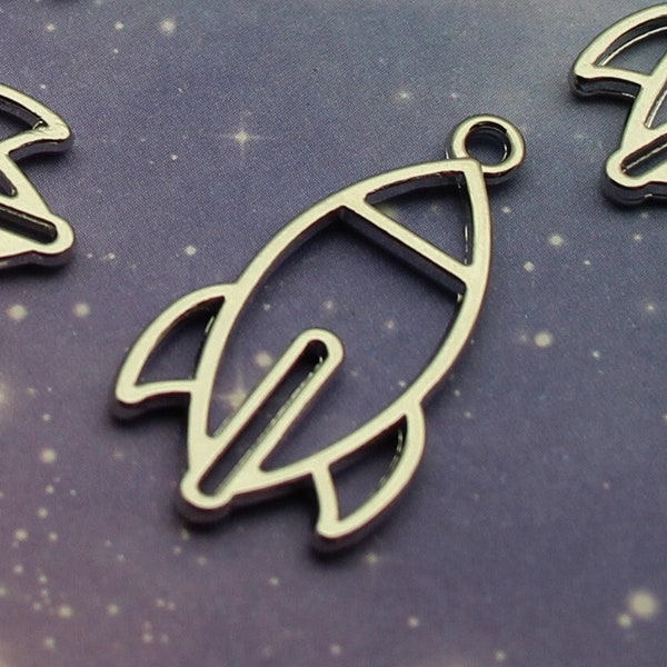 Rocket Ship 30mm Silver Tone Die Cut Double Sided Celestial Spaceship Charms - 1630