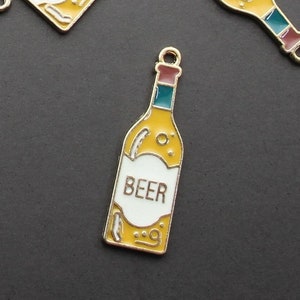 Beer Bottle 34mm Gold Plated with Yellow Green Red and White Enamel Single Sided Drink Charms - 1681
