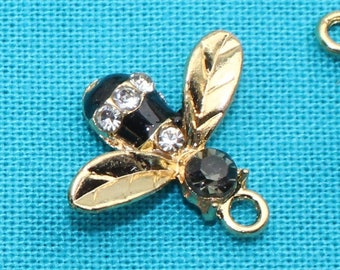 Bee 15mm Gold Plated with Black Enamel and Clear and Charcoal Gray Rhinestones Single Sided 2D Insect Garden Charms - 1581