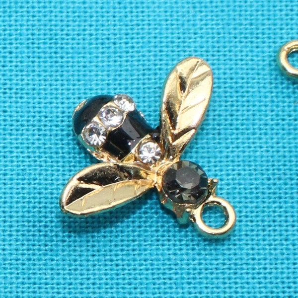 Bee 15mm Gold Plated with Black Enamel and Clear and Charcoal Gray Rhinestones Single Sided 2D Insect Garden Charms - 1581