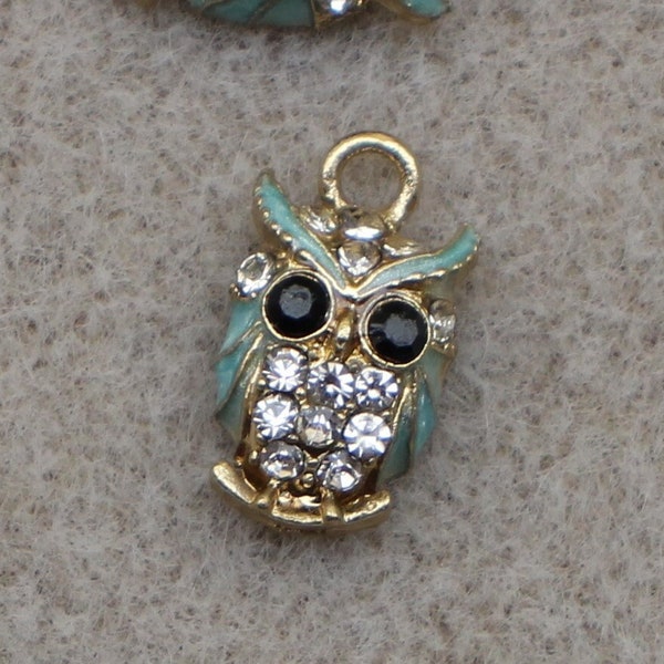 Owl 16mm Gold Plated and Blue Enamel with Black and White Rhinestone Single Sided 2D Woodland Bird Charms - 1728