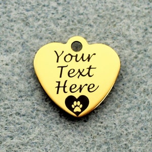 Personalized Heart with Heart and Paw Print 20mm Polished Gold Tone Stainless Steel Laser Engraved Charms - SL1103