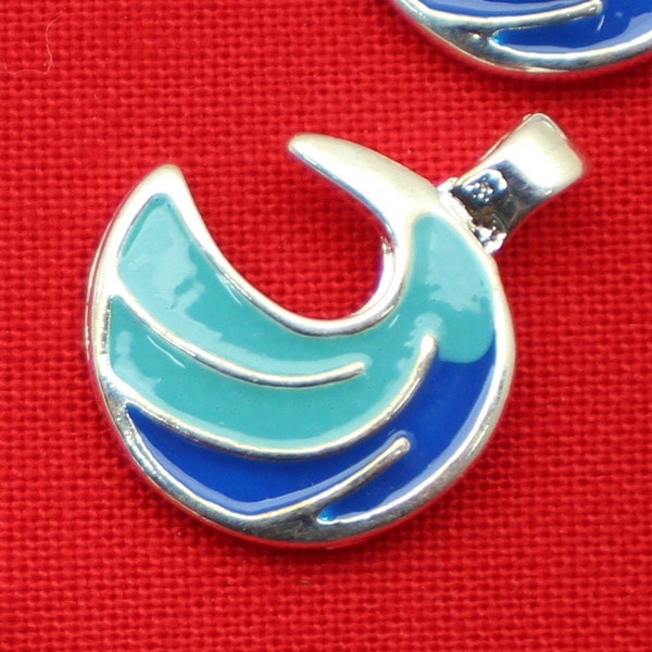 Wave 20mm Silver Tone with Light Blue and Dark Blue Enamel Single Sided Ocean Beach Charms - 1477