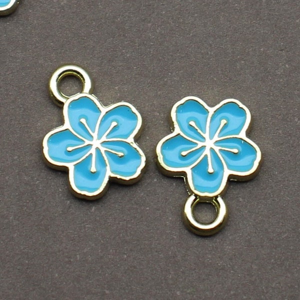 Hibiscus Flower 12mm Gold Plated with Light Blue Enamel Single Sided Tiny Floral Accent Charms - 1731