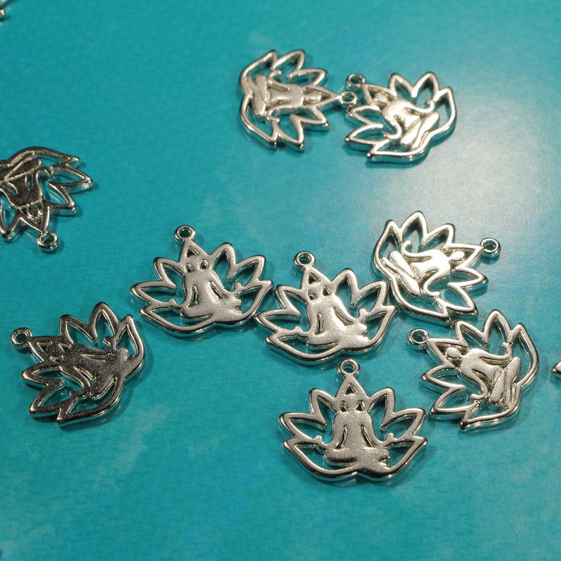 Yoga Lotus Flower 18mm Antique Silver Tone Die Cut Single Sided Floral Meditation Charms 0929 image 4