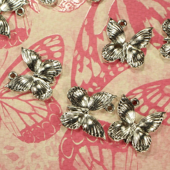 6 Butterfly Charms Antique Silver Tone Spring Garden Pendants Insects 15mm