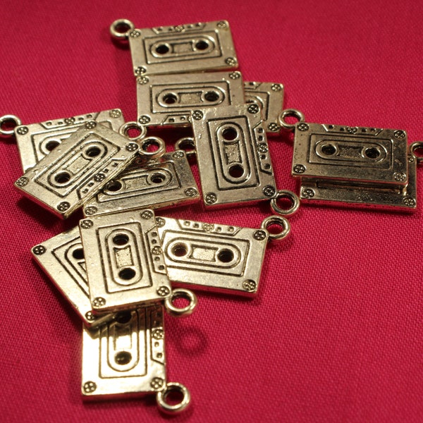 Old Fashioned Cassette Tape 24mm Antique Silver Tone 3D Music Charms - 0166