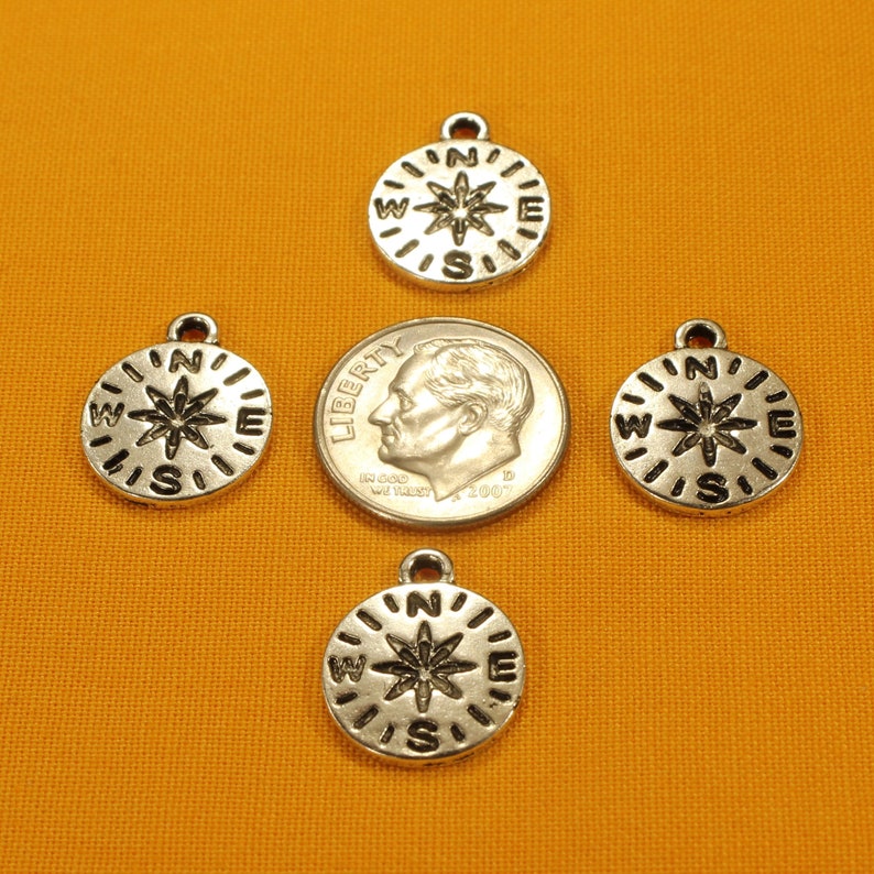 Small Compass 17mm Antique Silver Tone Single Sided Travel Navigation Charms 0240