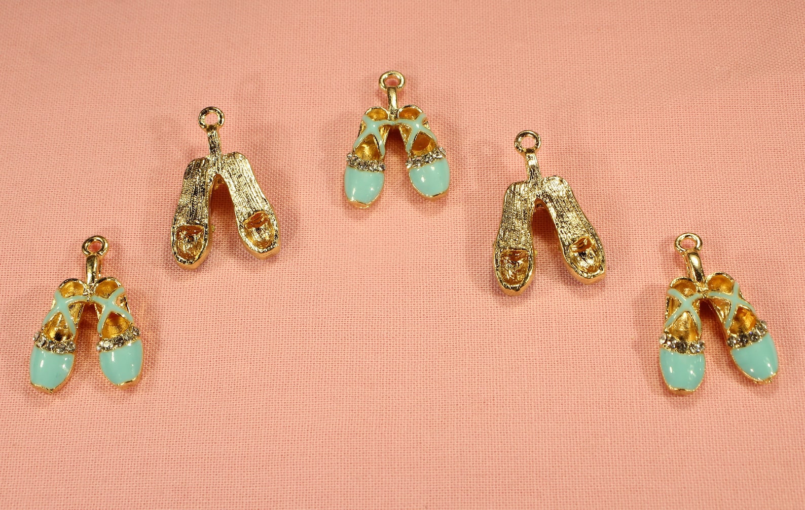 ballet shoes 26mm gold plated, rhinestone and light blue enamel 3d dance charms - 0422