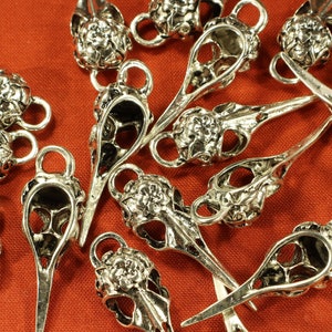 May include: A collection of silver-toned metal bird skull charms with intricate details. The charms have a delicate, ornate design and are perfect for adding a touch of whimsy to jewelry or crafts.