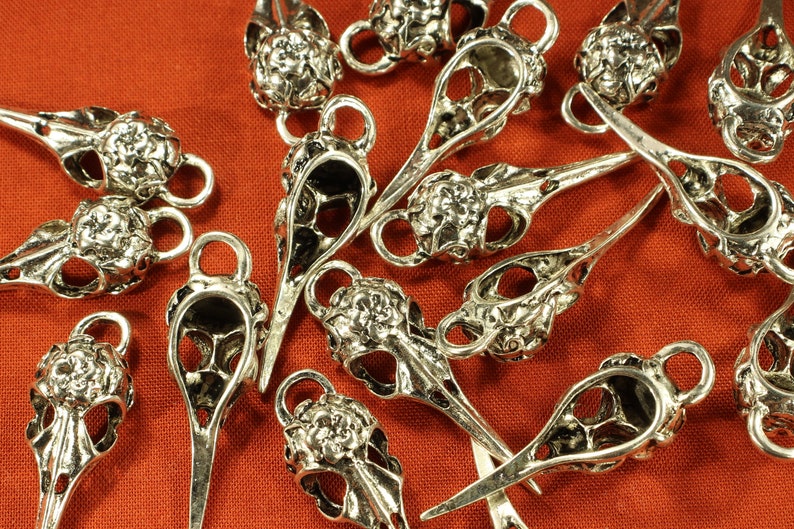 May include: A collection of silver-toned metal bird skull charms with intricate details. The charms have a delicate, ornate design and are perfect for adding a touch of whimsy to jewelry or crafts.