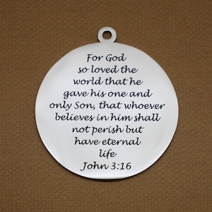John 3:16 Verse 44mm Large Round Silver Tone Stainless Steel Laser Engraved Bible Scripture Charms - SL4801