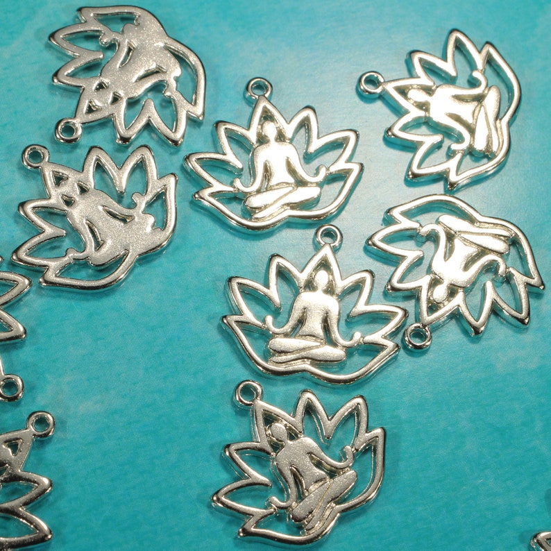 Yoga Lotus Flower 18mm Antique Silver Tone Die Cut Single Sided Floral Meditation Charms 0929 image 1