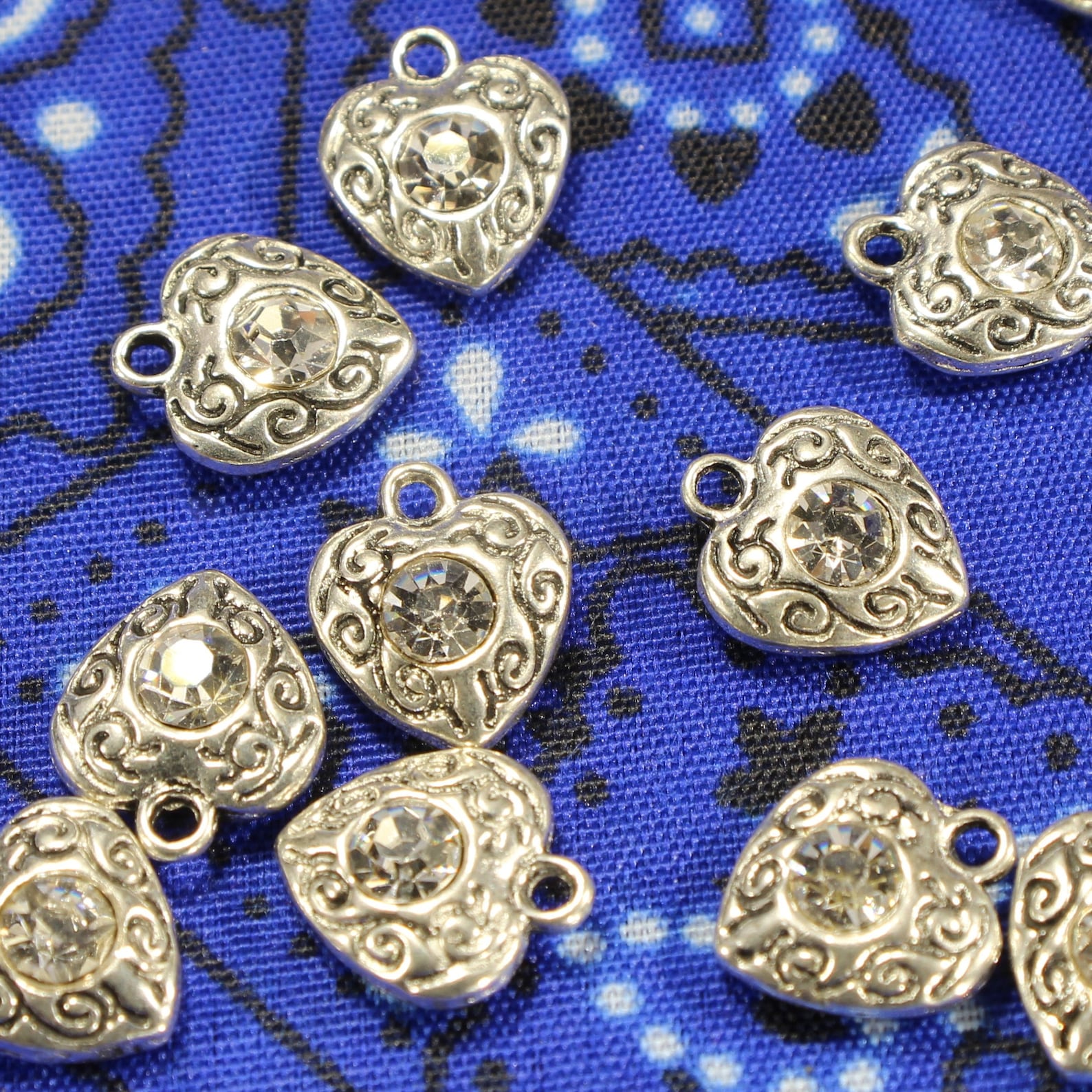 Clear Rhinestone 12mm Heart With Etched Scroll Design Antique Silver ...