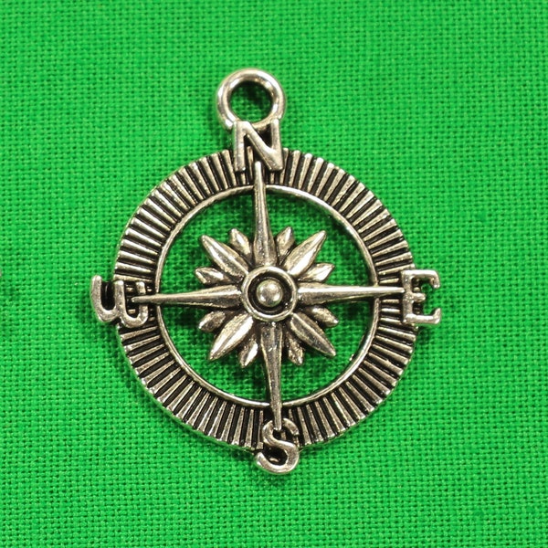 Compass 29mm Antique Silver Tone Single Sided Travel Charms - 0261