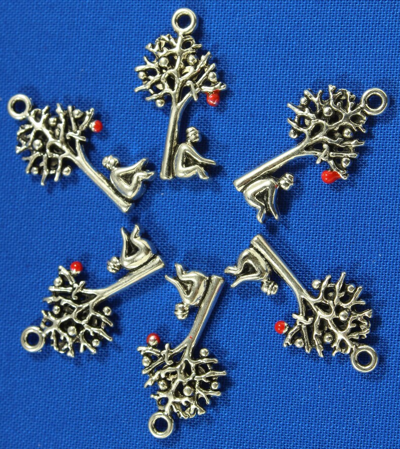 Man Sitting Under An Apple Tree 25mm Silver Tone and Red Enamel Double Sided Nature Charms 0014