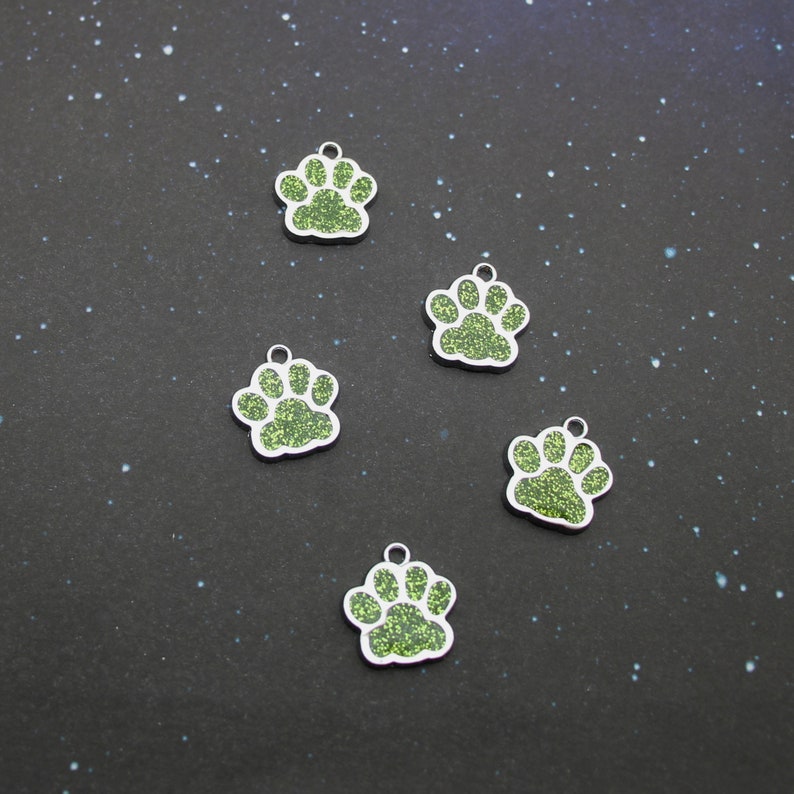 Paw Print 18mm Green Glitter Enamel and Silver Tone Single Sided Customizable Animal Charms 1658 image 6